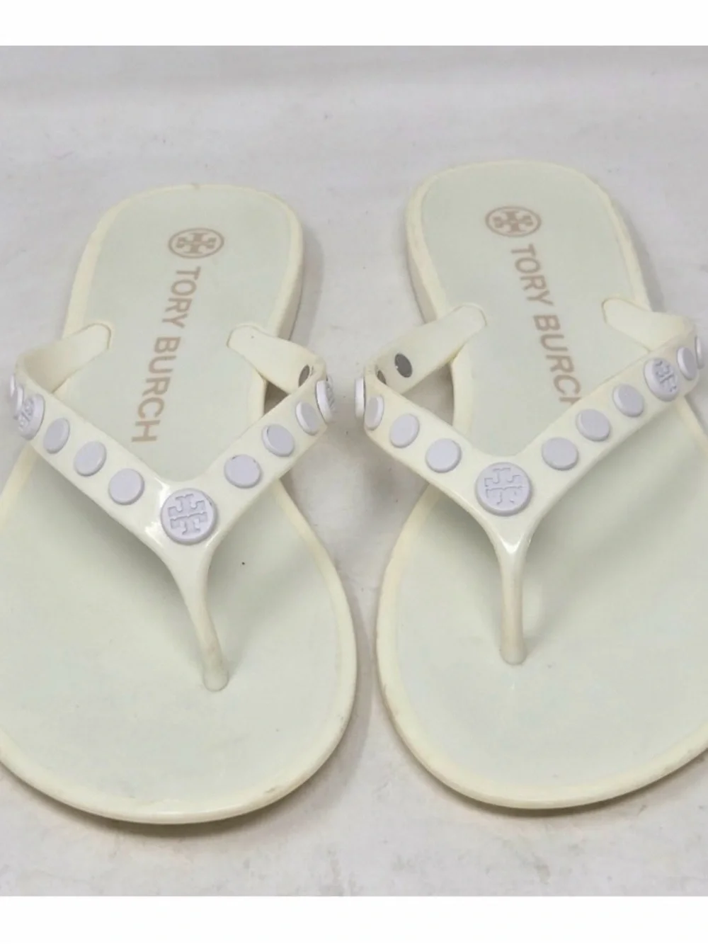 Tory Burch Cream Jelly Flip Flops with Logo Studs